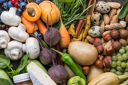 closeup of fresh fruits and vegetables